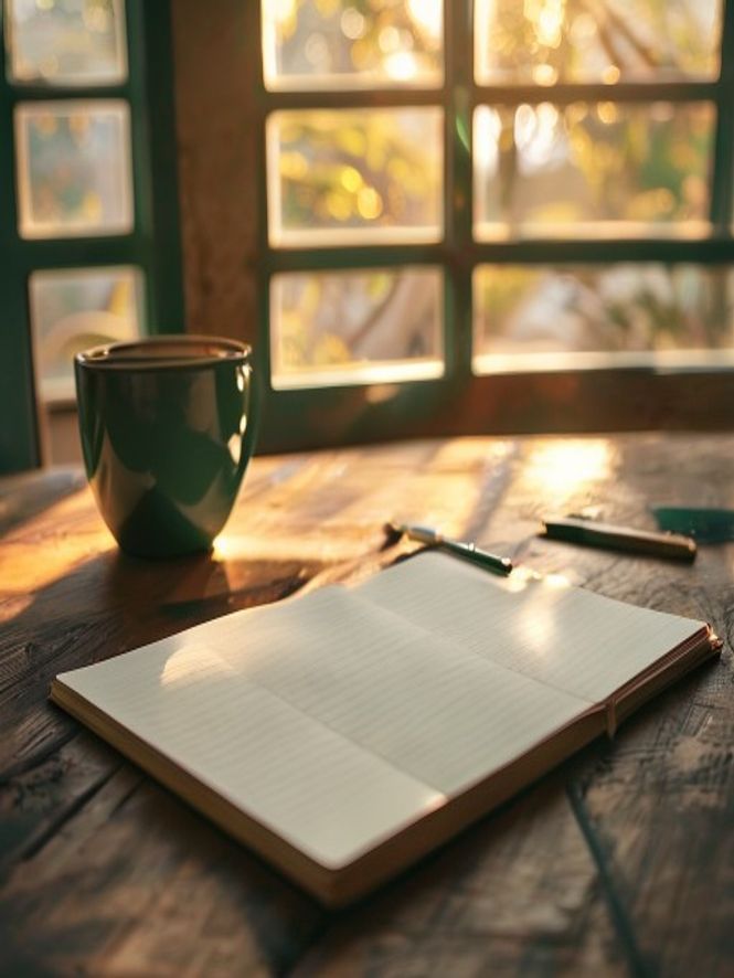 Morning sunlight on a desk with notebook, pen and coffee cup in Auckland studio