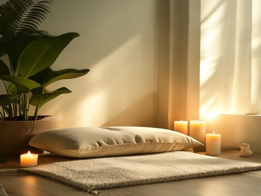 Minimalist meditation corner with cushion, plants and soft indirect light