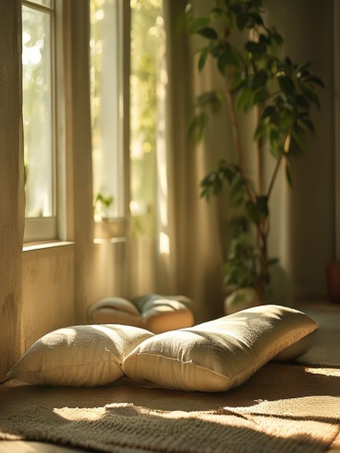 Person in meditation posture in a calm room with morning light
