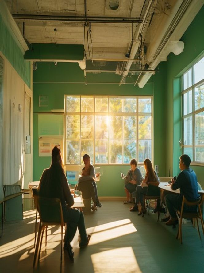 Group discussion and learning in a bright Auckland training room with natural light